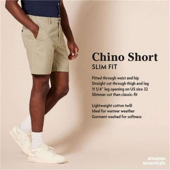 Men's Slim Fit Chino Shorts 7 Inch Cotton Twill Casual Khaki Summer Shorts - Picture 2 of 7